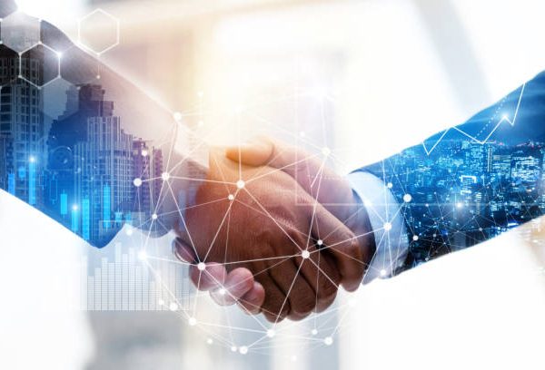 Business Partnership. business man investor handshake with effect global network link connection and graph chart of stock market graphic diagram, digital technology, internet and partnership concept